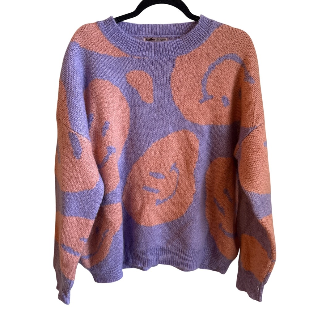 Bailey Rose Women's Smiley Face Coral & Purple Whimsy Sweater Small Crewneck